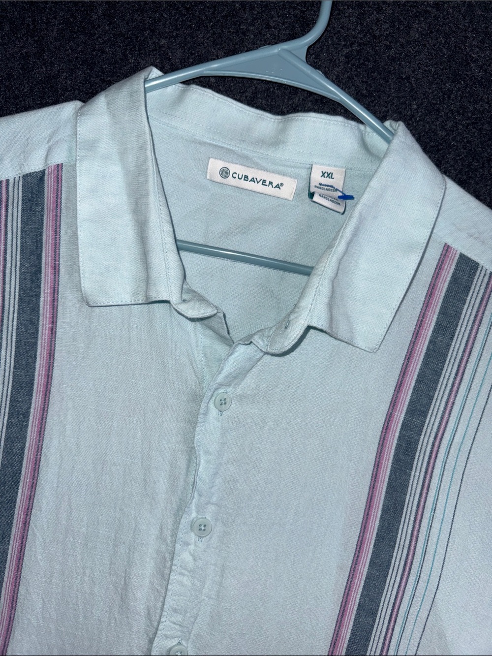 Cubavera Mens XXL Linen Cotton Short Sleeve Button Down Striped Shirt Blue